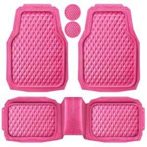CAR PASS Heavy Duty Rubber Pink Car Floor Mats, Deep Dish All-Weather Full Set Durable Anti-Slip 3D Rhombus Waterproof Trim to Fit Liner Universal Fit Automotive,Sedan,SUV,Truck, 3 Pcs Hot Pink