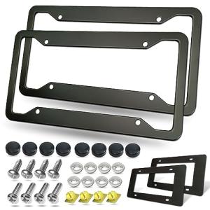 BGGTMO Matte Black Aluminum License Plate Frames- 2 Pack Heavy Duty Car Tag Cover for Front & Rear, 4 Hole Rust Proof Universal Holder, Mount Screws Caps, Inserts, Rattle Proof Pads
