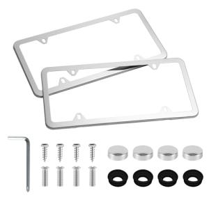 LivTee Chrome License Plate Frames, 4 Holes Stainless Steel License Plate Covers, 2PCS Car License Plate Holder, Automotive Accessories, Slim Design with Bolt and Gasket Cover for US Cars(Silver)