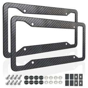 ZXFOOG Carbon Fiber License Plate Frames- 2 Pack Black Aluminum Front & Rear Auto Car Tag Holder, Heavy Duty Bracket with Mount Hardware, Screws Caps, Rattle Proof Pads (Carbon Pattern