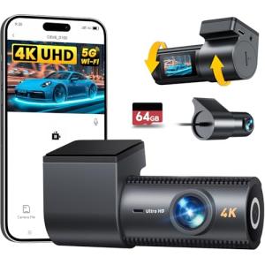 4K Dash Cam Front and Rear, 64GB SD Card, 1.5” IPS Display Car Camera, 5Ghz WiFi+App Control, Night Vision, 24H Parking Mode, G-Sensor, WDR, 170° Wide Angle, 4K+1080P Dual Dash Camera for Cars
