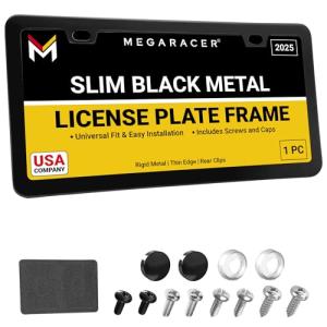 Premium Slim Matte Black License Plate Frame – 1 Piece, Rust-Free Stainless Steel & Rattle-Free, Street Legal, Universal with Screw Caps, Thin Edged Metal Front or Rear Car Tag Holder for Men & Women