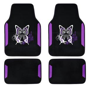 CAR PASS Embroidery Butterfly Leather Car Floor Mats, Purple Carpet Floor Mats with Heel Pad for Cute Women Girl, Universal Fit for Suvs,Sedans,Trucks,Cars, Set of 4 ((Black and Purple)