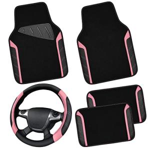 CAR PASS Microfiber Steering Wheel Cover and Waterproof Car Floor Mats,Leather Universal Car Combo Fit for 95% Truck,SUV,Cars,14.5-15inch Sporty Anti-Slip Safety Comfortable Design(Black and Pink)