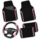 CAR PASS Microfiber Steering Wheel Cover and Waterproof Car Floor Mats,Leather Universal Car Combo Fit for 95% Truck,SUV,Cars,14.5-15inch Sporty Anti-Slip Safety Comfortable Design(Black and Pink)
