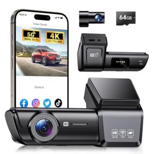 OVAMAN F8 Car Camera Dash Cam Front and Rear, 4K+1080P 170° Wide Angle Dual Dash Camera for Cars with 64GB Card,Wireless 5G WiFi&App Control,WDR/HDR Night Vision, 24H Parking Mode,Loop Recording