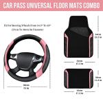 CAR PASS Microfiber Steering Wheel Cover and Waterproof Car Floor Mats,Leather Universal Car Combo Fit for 95% Truck,SUV,Cars,14.5-15inch Sporty Anti-Slip Safety Comfortable Design(Black and Pink)