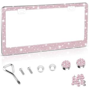 Amiss Bling License Plate Frame for Women, 1Pack Rhinestone Handcrafted Crystal Premium Stainless Steel, Stainless Steel Car Accessories with Diamond Sparkle Glitter Caps (Pink)