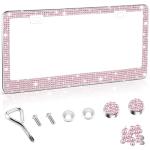 Amiss Bling License Plate Frame for Women, 1Pack Rhinestone Handcrafted Crystal Premium Stainless Steel, Stainless Steel Car Accessories with Diamond Sparkle Glitter Caps (Pink)