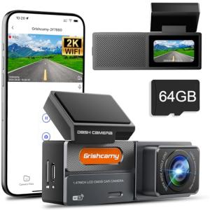 Grishcamy Dash Cam WiFi 2K Dash Camera for Cars, QHD Dashcams Car Camera Included 64GB SD Card, APP Control, WDR Night Vision, Loop Recording, G-Sensor, Parking Mode