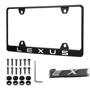 License Plate Frame – Stealth Black Powder Coat UV Resistant Rust-Proof Steel Plate Holder - 1pc - Compatible with is GS LS NX UX ES RX GX LX RZ (3D Silver Alloy Raised Letter with MOUNTING Hardware)