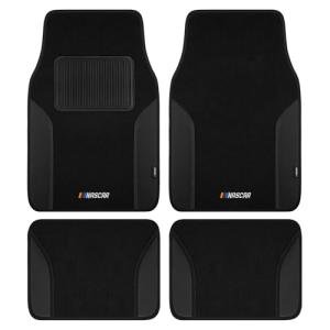 NASCAR Car Floor Mats, Carpet & Black Leather Design Car Mats, Universal-Fit All-Weather Car Floor Mats with Built-in Heel Pad & Anti-Slip Backing, Durable Odorless Automotive Interior Accessories