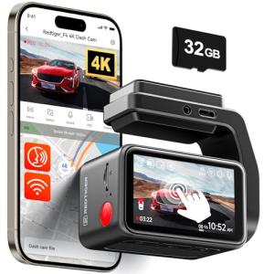 REDTIGER F4 4K Dash Cam Front, 2.2 inch Mini Car Camera, 2160P UHD Touch Screen, Voice Control, Included 32GB Card, Night Vision, Built-in GPS, WiFi APP Control, Loop Recording, 24H Parking Monitor