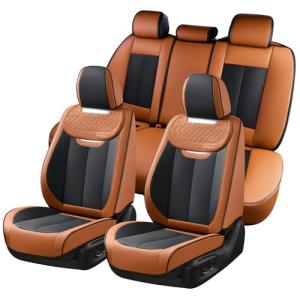 Coverado Car Seat Covers Full Set, Breathable Nappa Leather Seat Covers for Cars, Automotive Seat Covers, Waterproof Front and Back Car Seat Protector Universal Fit Most Cars(Brown&Black)