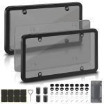 2 Pack License Plate Protector & Frame Combo, Clear Plastic Car Front/Rear Covers with Screws Caps, Universal Fit Car Accessories + Bonus Valve Stem Caps, Adhesive Pads & Mini Screwdriver