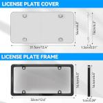 2 Pack License Plate Protector & Frame Combo, Clear Plastic Car Front/Rear Covers with Screws Caps, Universal Fit Car Accessories + Bonus Valve Stem Caps, Adhesive Pads & Mini Screwdriver