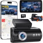 Faninso Dash Cam Front and Rear, 4K Full HD Dual Dash Camera for Cars, Built-in Memory Card Monitoring, 64GB Card, 5G WiFi GPS, Car Camera with 3" IPS Screen, 2160P Night Vision, 24H Parking Monitor