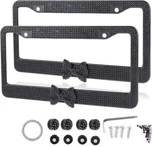Fashion Sparkle Black with Black Bowknot Design Crystal License Plate Frames,Exclusive Bling License Plate Holder,Waterproof Rhinestone License Plate Cover for Women(2 Frames)