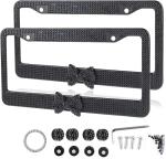 Fashion Sparkle Black with Black Bowknot Design Crystal License Plate Frames,Exclusive Bling License Plate Holder,Waterproof Rhinestone License Plate Cover for Women(2 Frames)