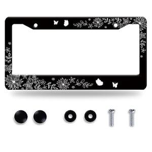 Flowers and Butterflies License Plate Frame Floral License Plate Stainless Steel Auto Parts Funny License Plate Decorative with Screws Size 12.3" x 6.3" for Men Women