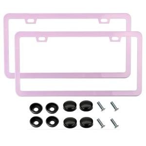 Fashion Super Slim Matte Cherry Blossom Pink License Plate Frames,Stainless Steel License Plate Holders,Weather Proof License Plate Cover for Women(2 Frames)