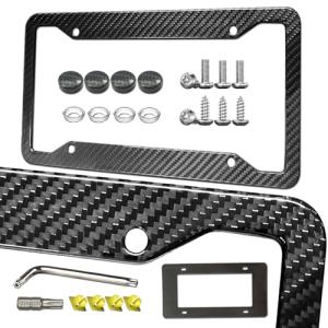 Carbon Fiber License Plate Frame - Handcrafted Real Carbon Fiber Wrap on Stainless Steel, Slim Black Car Tag Holder Includes Screws, Caps & Anti-Rattle Pad