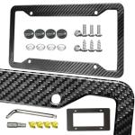 Carbon Fiber License Plate Frame - Handcrafted Real Carbon Fiber Wrap on Stainless Steel, Slim Black Car Tag Holder Includes Screws, Caps & Anti-Rattle Pad