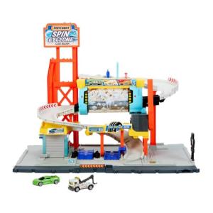 Matchbox Toy Car Track Set, Spin Cyclone Car Wash Playset with 1:64 Scale Corvette & Tow Truck, Features Spinning Wash Tunnel, Tune-Up Shop & Parking