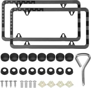 American Flag License Plate Frames, 2 Pack Black Patriotic USA Car Plate Frame, Aluminum License Plate Holder with Free Screws Fasteners Caps and Tool