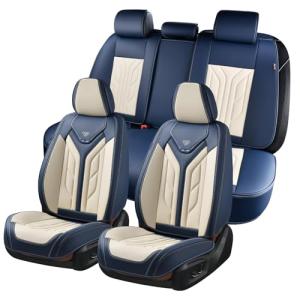 Coverado Car Seat Covers Full Set, Leather Seat Covers for Cars, Automotive Seat Covers Car Seat Protectors Car Accessories Universal Fit for Most Sedans SUV Pick-up Truck(Blue&Beige)