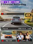 3 Channel 5G WiFi Dash Cam, 4K+2.5K+2.5K Dash Cam Front and Rear Inside with 64GB Card, 3.39" IPS Screen, G-Sensor, Loop Recording, Parking Monitor, IR Night Vision, 170° Wide Angle, WDR, Grey