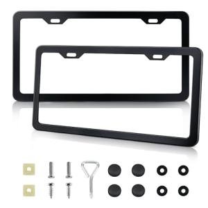 2-Pack License Plate Frames, Universal Black Aluminum Licence Plate Frame Holder, 2-Hole Narrow ＆ Slim Design Holder with Screws & Caps, Universal Fit for Cars, Trucks, Various Vehicles