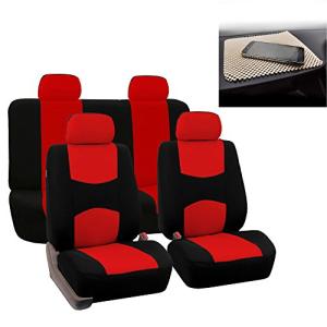 FH Group Bright Flat Cloth Full Set Automotive Seat Covers Front Set and Rear Solid Bench Red Black Seat Covers w. Gift Universal Fit Interior Accessories for Cars Trucks and SUVs