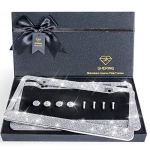 Shering Bling License Plate Frame, 2 Pack License Plate Frame with Premium Gift Box for Women,Rhinestone License Plate Frames with 1200pcs Rhinestones(Sliver Rhinestone)