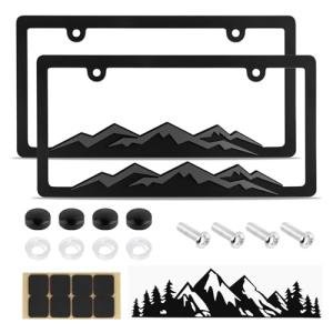 2PCS Car License Plates Frames with Raised Mountain Pattern & Mountain Car Decal,Stylish Cars Plates Frame with Screws & Caps,Decorative Cars Accessories Thin License Plate Frame
