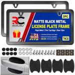 RCKJNJ Matte Black License Plate Frames- Aluminum Metal Car Tag Holder, 2 Pack Slim Front Rear Frames with Screw Caps, Car Door Stickers