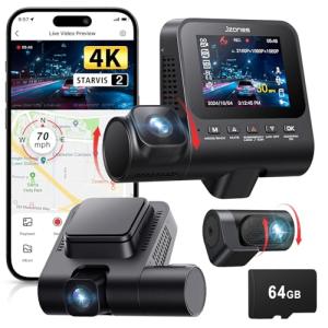 Dash Cam Front and Rear, 4K+1080P+1080P 3 Channel Dash Camera for Cars, STARVIS 2 Sensor Dash Camera with HDR Night Vision, 24H Parking Mode Car Camera with GPS, Free 64GB Card