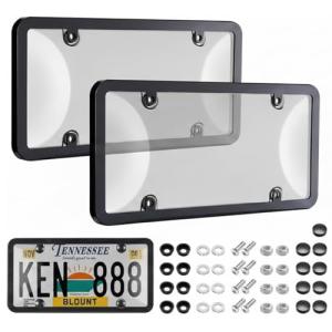 License Plate Protector 2PCS, Clear License Plate Cover & Frames, Rust-Proof Auto Car License Plate Covers and Frames Holder with Screws & Caps, Universal Tag Cover for License Plate (Black)