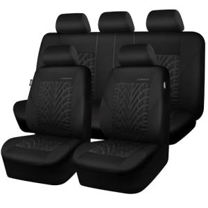 CAR PASS Car Seat Covers Full Sets, Front & Split Rear Bench for Car, 3D Tyre Embossed Automotive Interior Covers, Airbag Compatible, Quick Setup Universal Fit Seat Covers for Car, SUV(All Black)