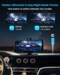 Portable Apple Carplay Screen, 10’’ Car Stereo Wireless Car Play & Android Auto Touch Screen, 4K Dash Cam, 1080P Backup Camera, Mirror Link/Voice Control/Music Play/GPS Navigation