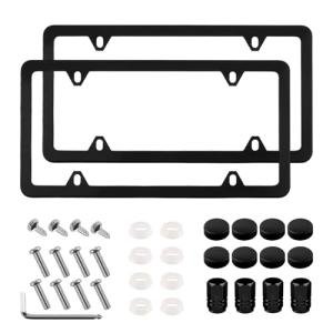 2PCS Car License Plate Frames Kit,4 Holes Car Plate Frame Contains Cars Valve Stem Caps & Screws & Screw Caps,Stainless Steel Vehicle Accessories Licence Plates Frame Holder (Black)