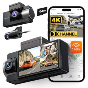 WOLFBOX i17 4K 3 Channel Dash Cam Built-in 5.8GHz WiFi with 64GB Card, 4K+1080P+1080P Dash Cam Front and Rear Inside, Triple Car Camera with 3 Inch Screen, IR Night Vision, WDR, 24H Parking Mode, GPS