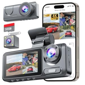 3 Channel Dash Cam for Cars Front Rear Inside, 4K WiFi Dash Cam w/ 32GB Card, 2.0" IPS Screen Dashboard Camera Recorder with App Control, G-Sensor, Loop Recording, Night Vision, Parking Monitor
