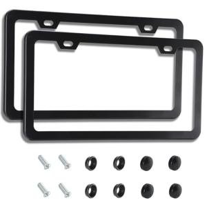 VRYTOR 2PCS Matte Black License Plate Frames - No-Cover State Name - Premium Rust Proof Aluminum License Plate Holder for Women and Men, Universal Car Plate Frame with 2 Holes, Easy to Install