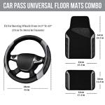 CAR PASS Leather Steering Wheel Cover and Waterproof Car Floor Mats,Microfiber Universal Car Combo Fit for 95% Sedan,SUV,Cars,14.5-15inch Sporty Anti-Slip Safety Comfortable Design(Black＆Gray)