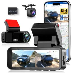 4K Dash Cam Front and Rear Full HD Dash Camera for Cars, Free 64GB Card, Built-in GPS/WiFi, 3.16" IPS Screen Dashcam Support App Control, G-Sensor, Night Vision, 24H Parking Mode