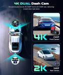 4K Dash Cam Front and Rear Full HD Dash Camera for Cars, Free 64GB Card, Built-in GPS/WiFi, 3.16" IPS Screen Dashcam Support App Control, G-Sensor, Night Vision, 24H Parking Mode