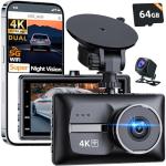 4K+FHD 1080P Dash Cam Front and Rear with Free 64GB Card, Dual Dash Camera for Cars,5G WiFi High Speed,Super Night Vision,Ultra Wide Angle, IPS Screen, G-Sensor, 24H Parking Mode,Up to 256GB Supports