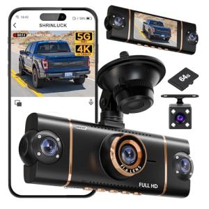 4 Channel 360° Dash Cam Front Rear Inside & Left Right, 4K+1080P*3 FHD Car Camera, 5GHz WiFi & App Control, 8 IR Lamps Night Vision, 24H Parking Mode, G-Sensor, Loop Recording, Includes 64GB SD Card