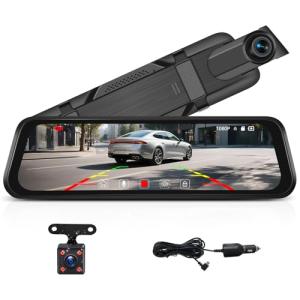 CAMECHO Mirror Dash Cam, 9.66" 1080P FHD IPS Touch Screen Rear View Mirror Camera, Front and Backup Camera for Cars, Dashcam Night Vision, Loop Recording, Wide Angle, Parking Assistance